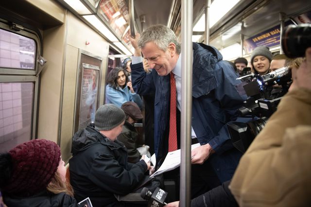 Mayor Bill de Blasio on board a subway leaving Park Slope.